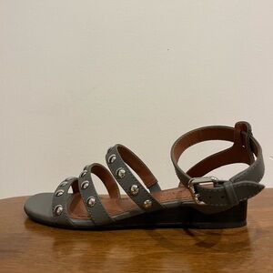 Coach Sandals. Grey studded ankle strap sandal. Low wedge heel.